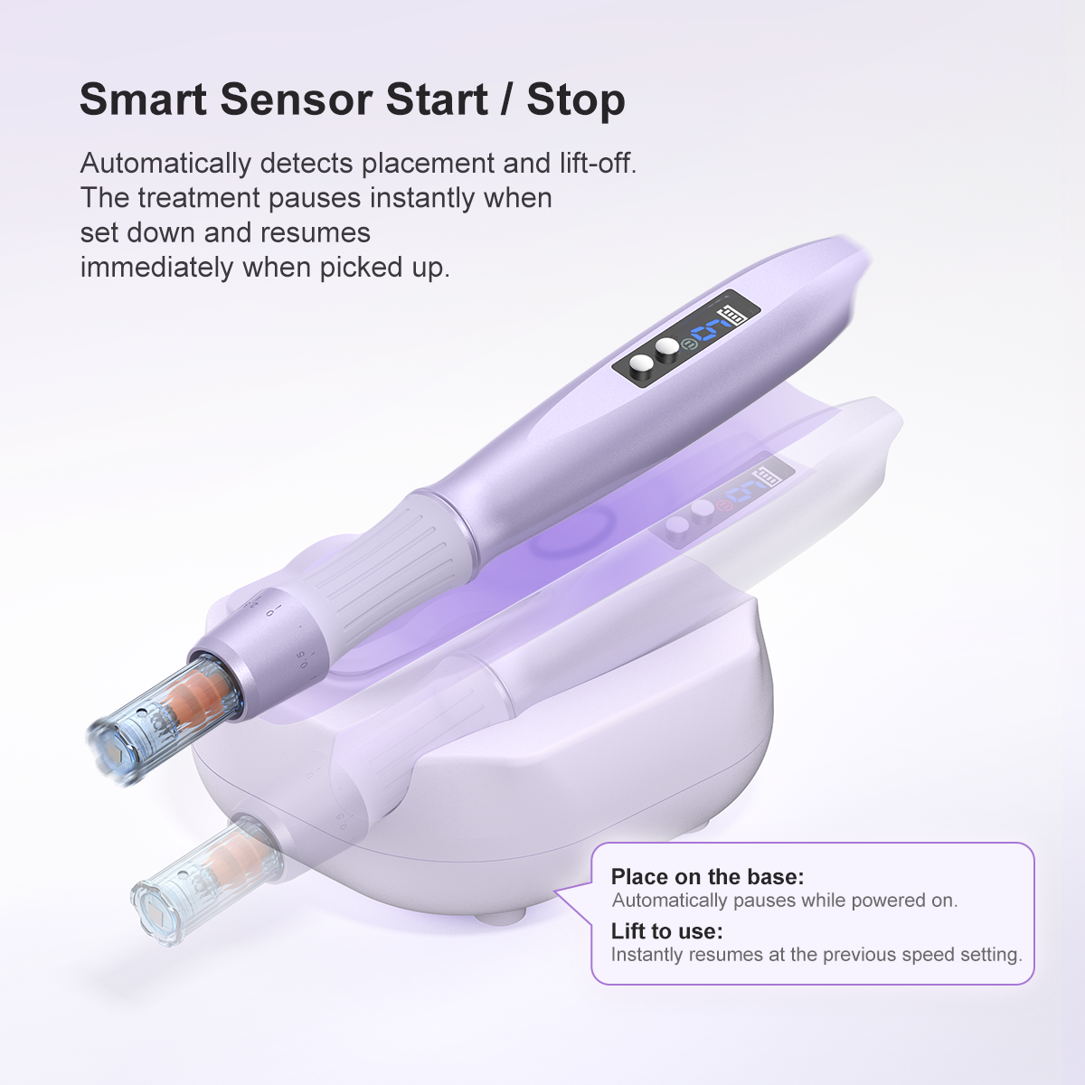 Derma Pen F20 smart sensor feature — automatic pause when set on the charging base, automatic resume when lifted at previous speed setting
