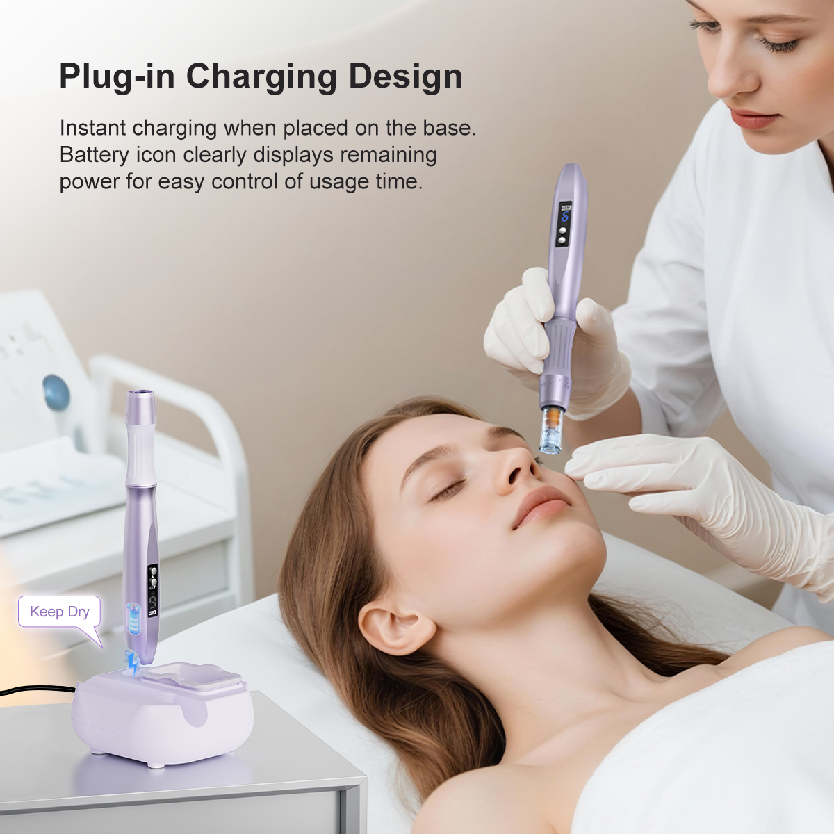 Derma Pen F20 microneedling pen charging on plug-in base during a professional skin needling facial treatment
