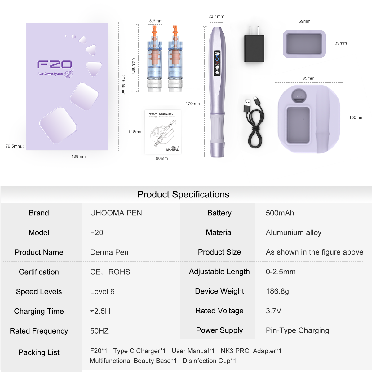 Derma Pen F20 product specifications and packing list — 6 speed levels, 500mAh battery, 0-2.5mm depth, CE and RoHS certified