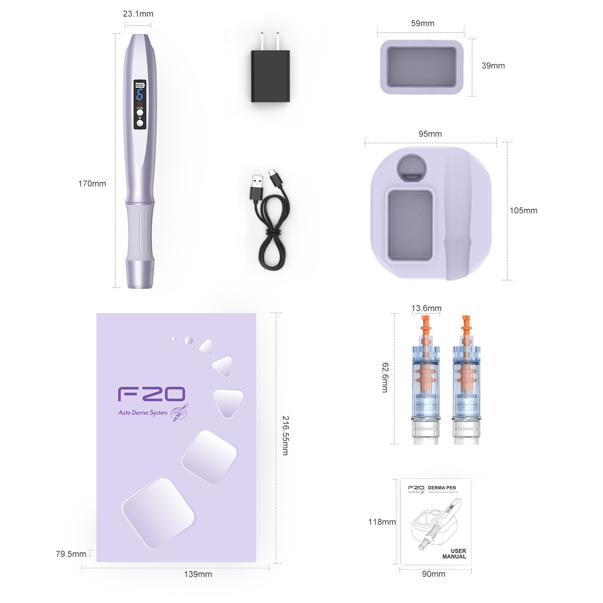 Derma Pen F20 complete kit layout with dimensions — F20 handpiece, charging base, USB-C charger, NK3 PRO cartridges, user manual