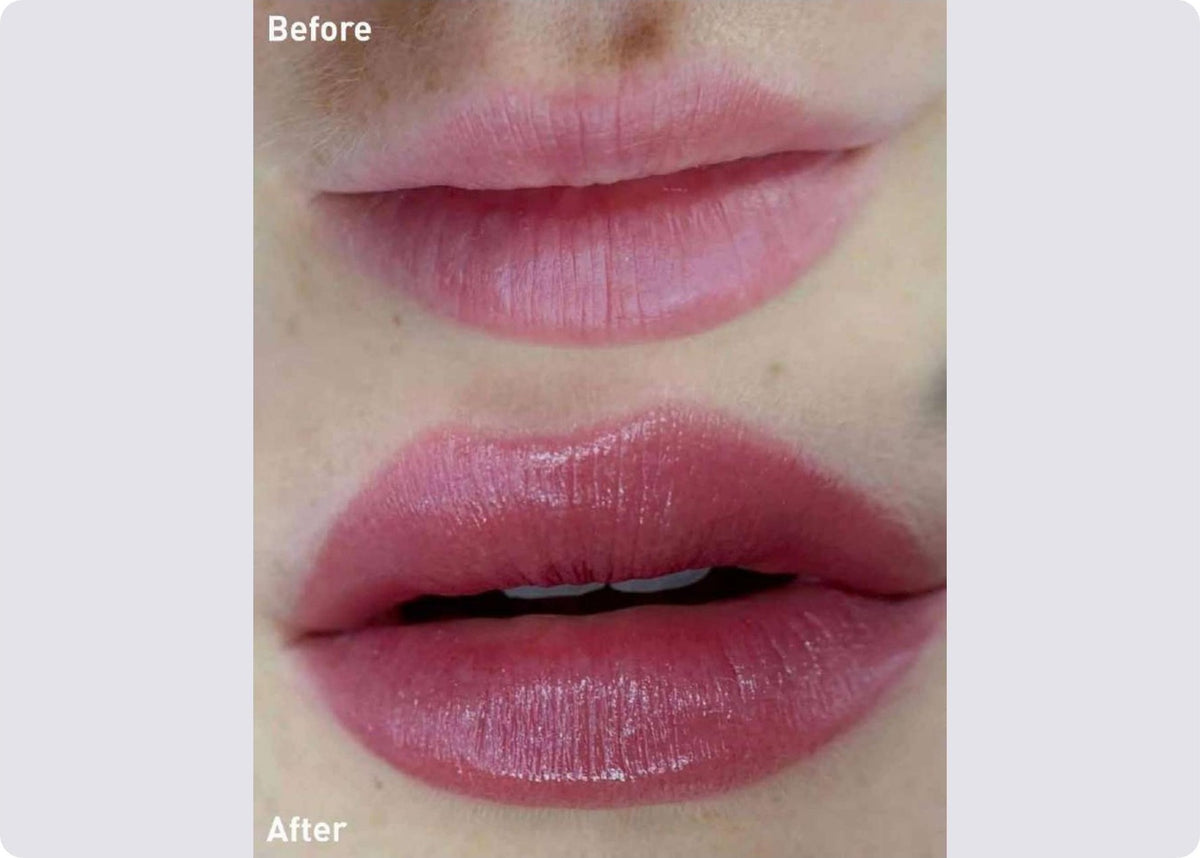 Amiea Organicline Sweet Plum before and after lip blush results on a real client